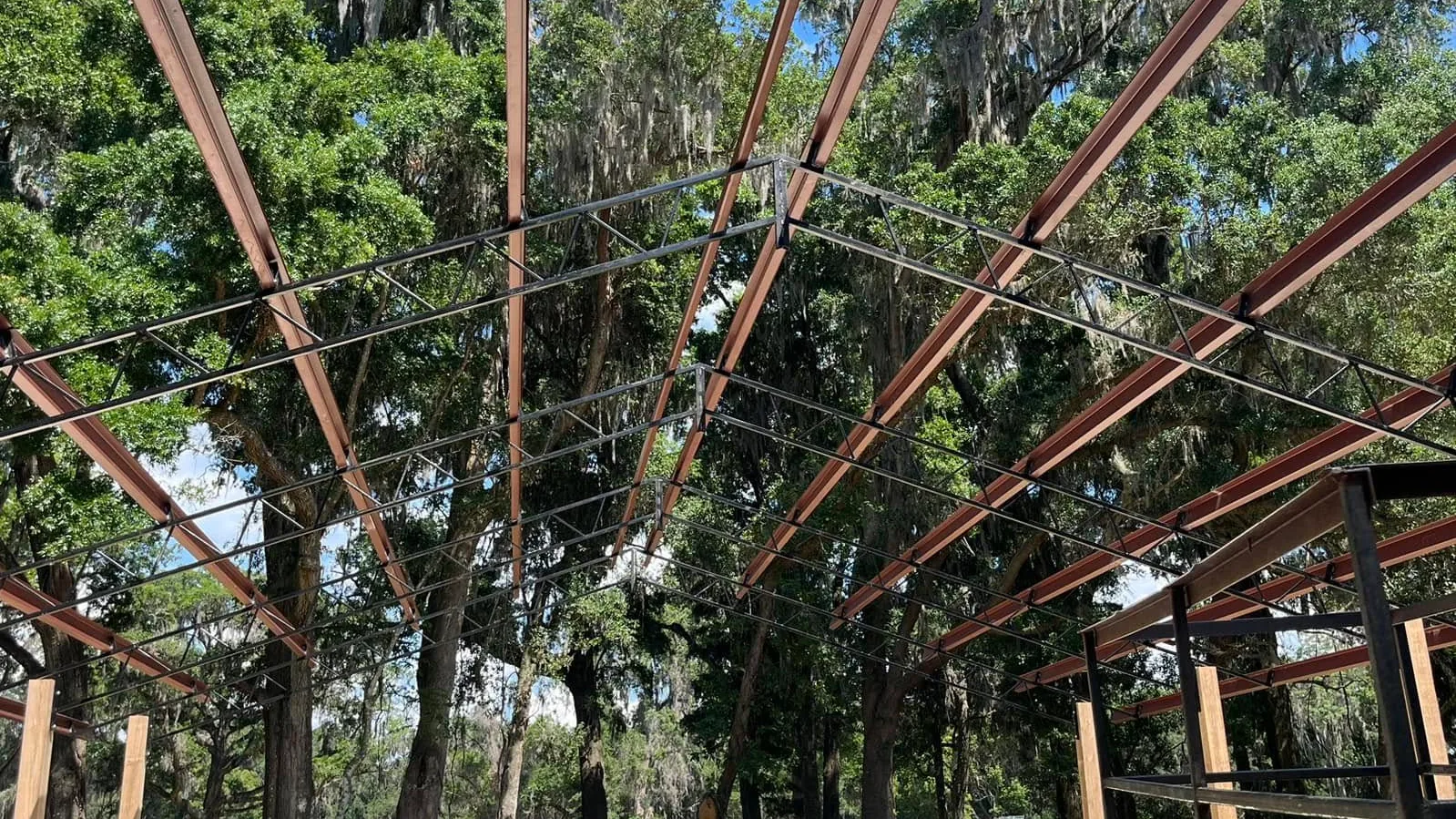 Steel trusses and red iron purlins framed under moss draped live oaks